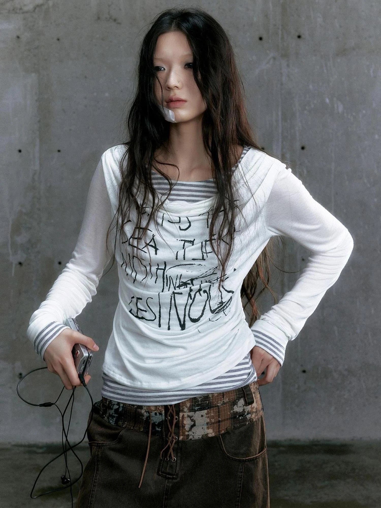 Graffiti Poetry Layered Collar Striped Knit Top