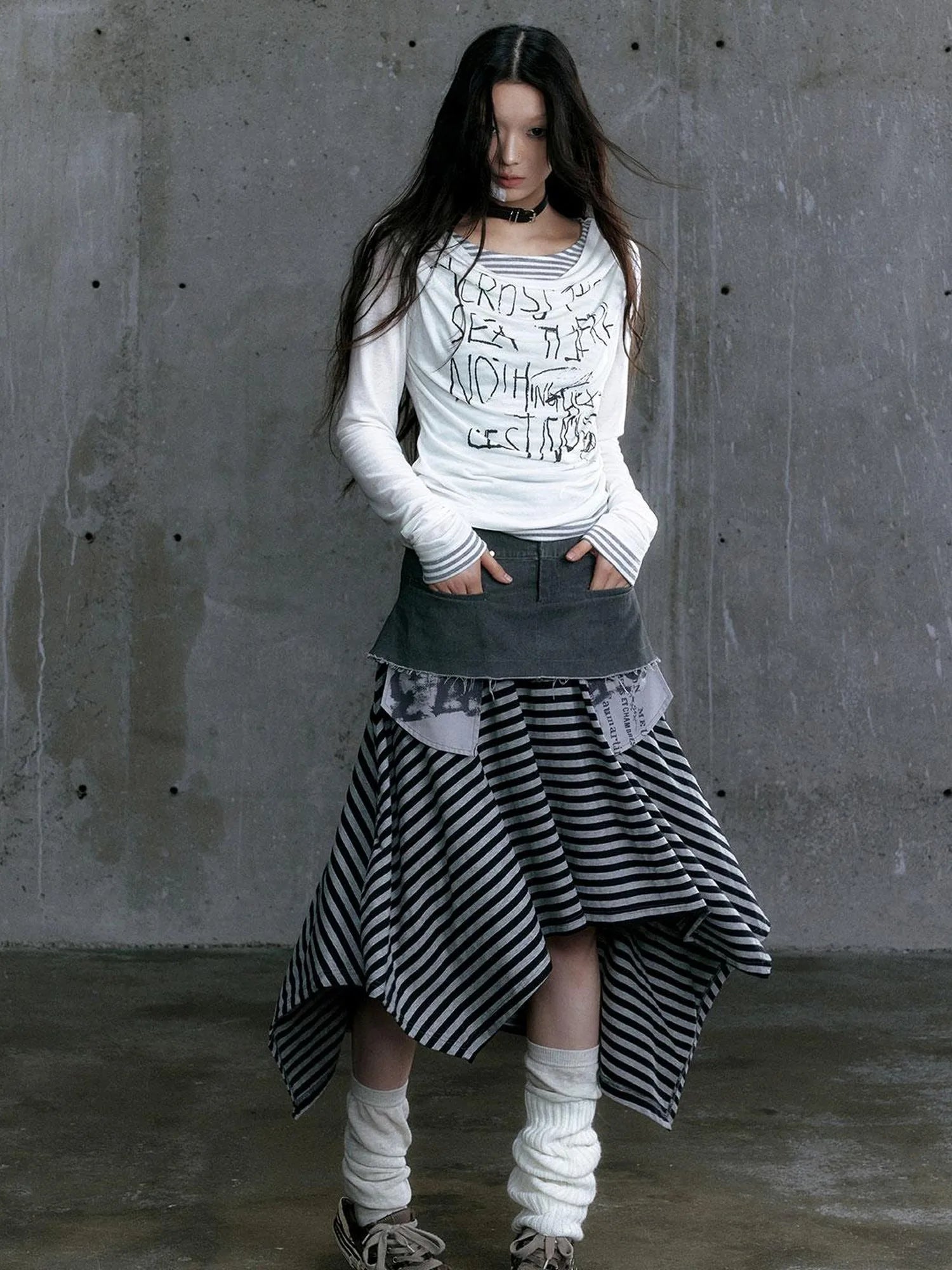 Graffiti Poetry Layered Collar Striped Knit Top