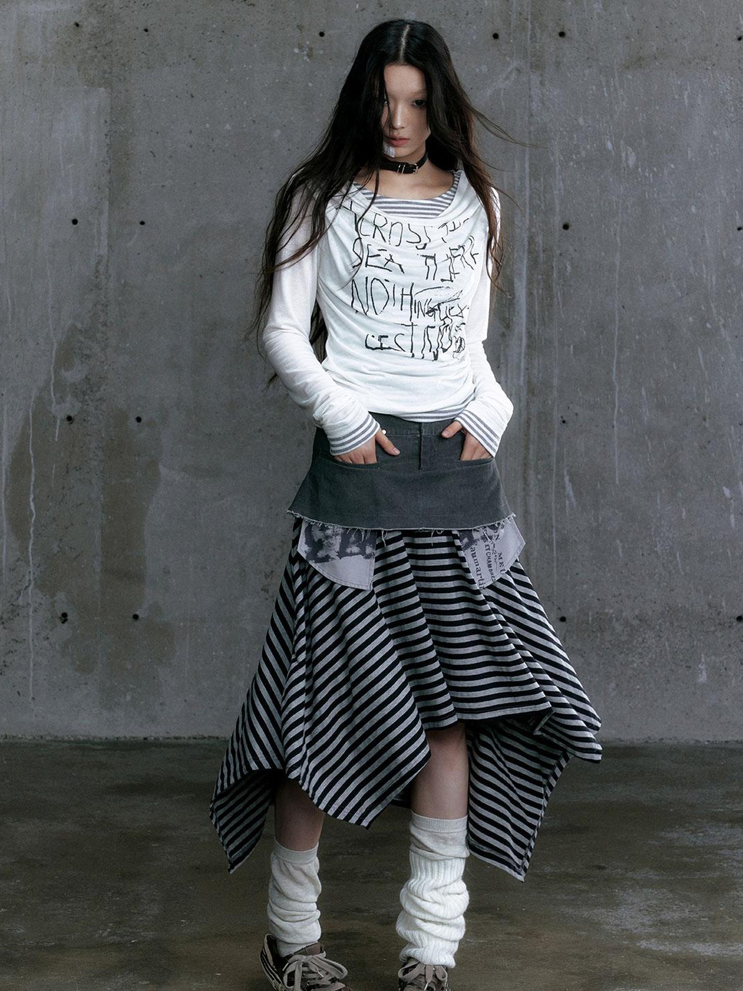 Update Cest Nous Graffiti Poetry Layered Collar Striped Knit Top