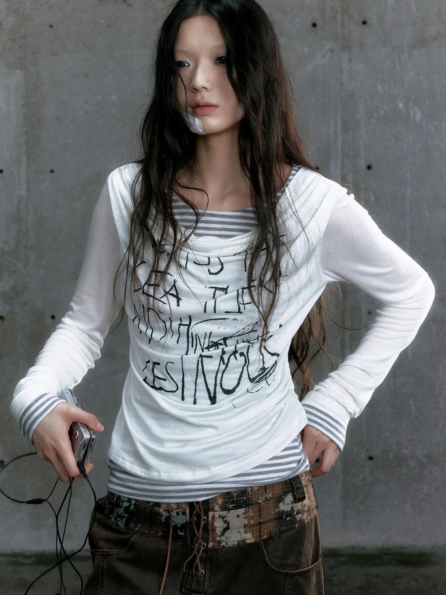 Graffiti Poetry Layered Collar Striped Knit Top