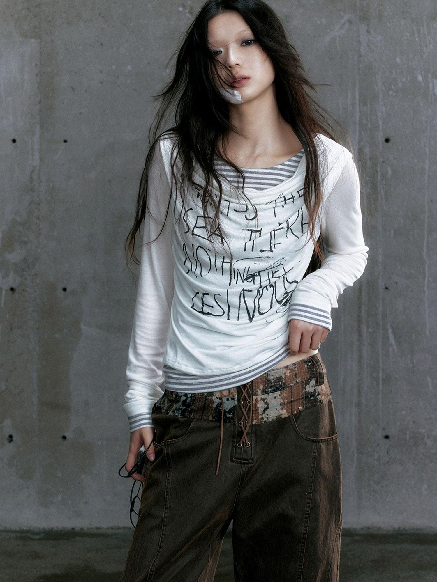 Update Cest Nous Graffiti Poetry Layered Collar Striped Knit Top