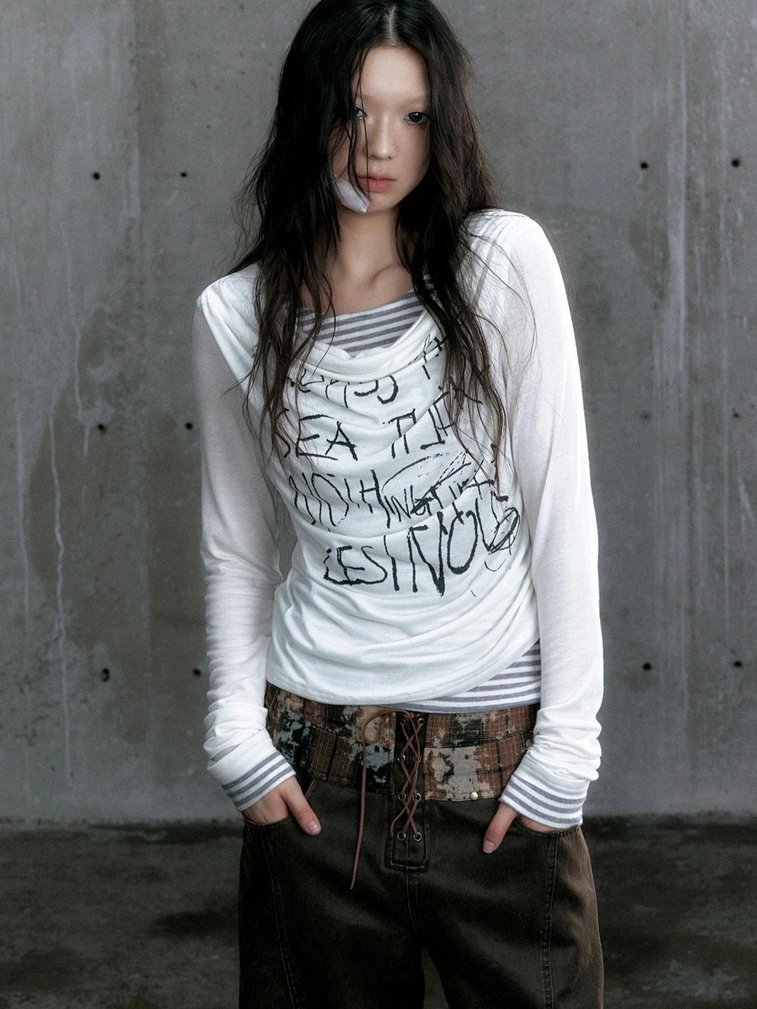 Graffiti Poetry Layered Collar Striped Knit Top