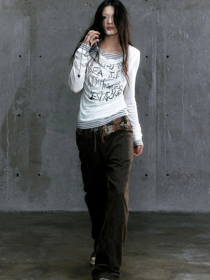 Graffiti Poetry Layered Collar Striped Knit Top