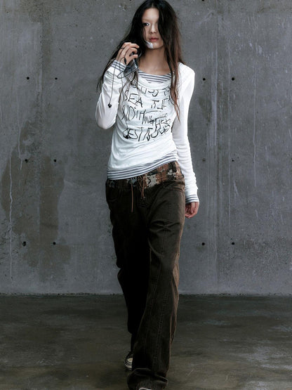 Update Cest Nous Graffiti Poetry Layered Collar Striped Knit Top