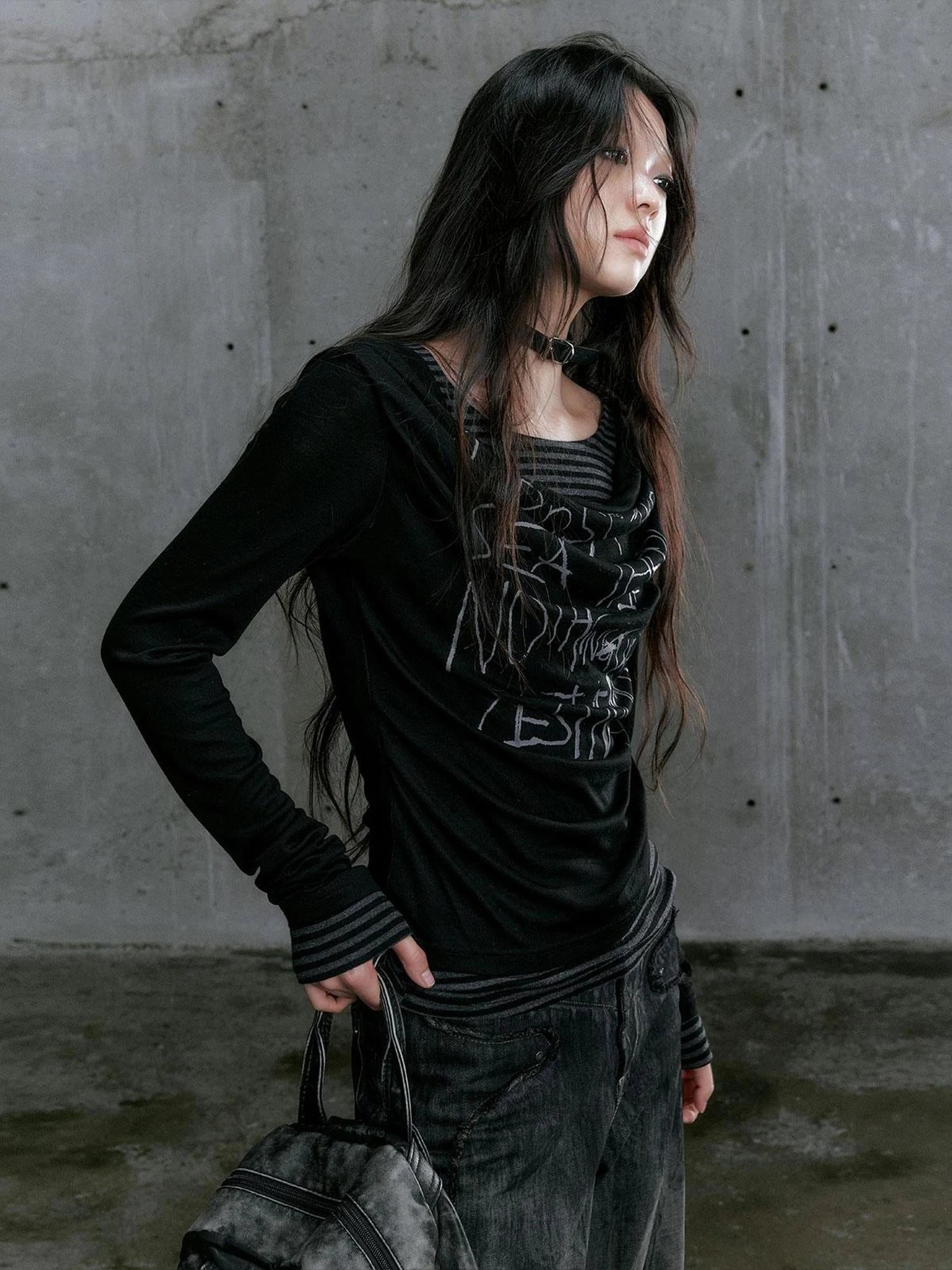 Graffiti Poetry Layered Collar Striped Knit Top