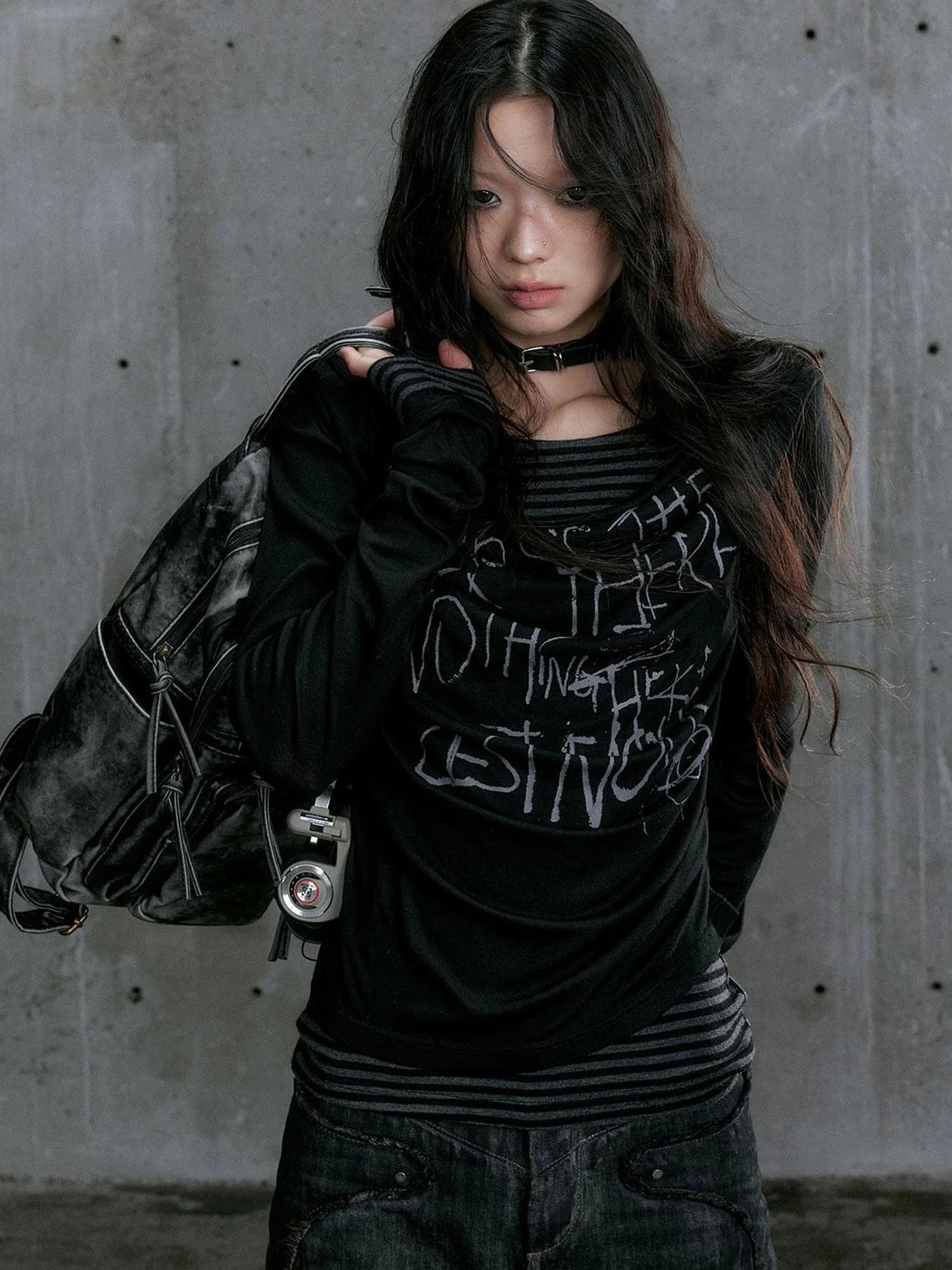 Graffiti Poetry Layered Collar Striped Knit Top