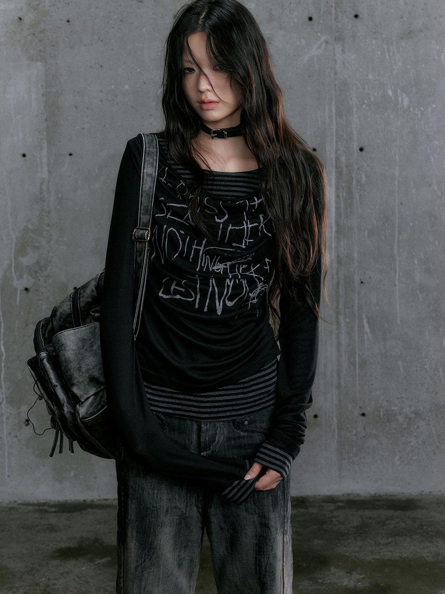Update Cest Nous Graffiti Poetry Layered Collar Striped Knit Top