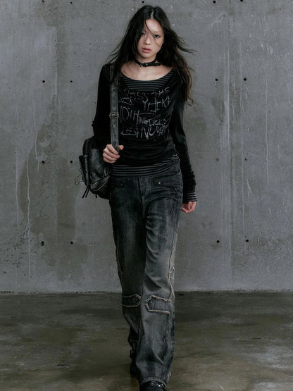 Graffiti Poetry Layered Collar Striped Knit Top