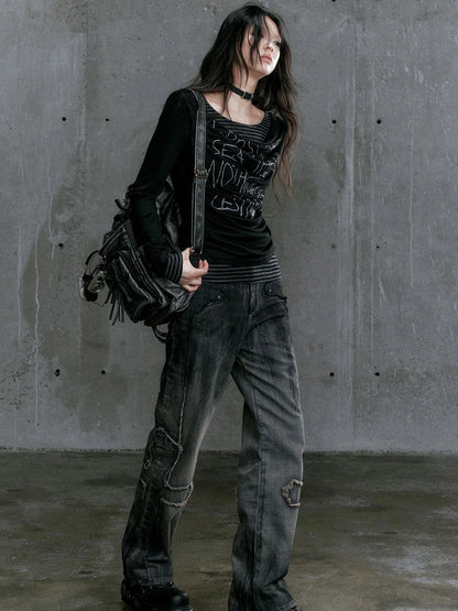 Graffiti Poetry Layered Collar Striped Knit Top