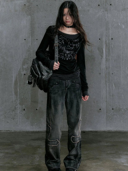 Graffiti Poetry Layered Collar Striped Knit Top