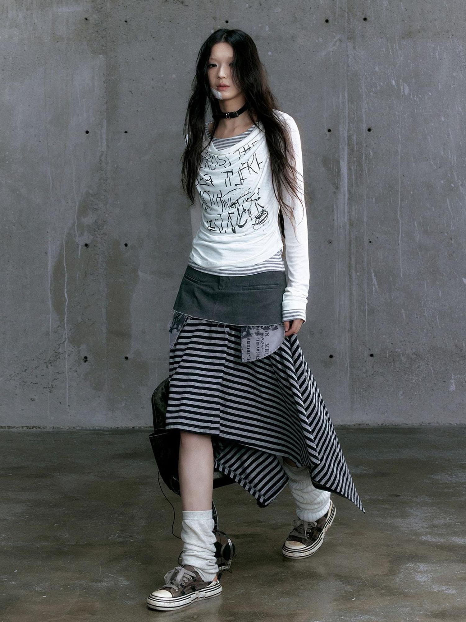 Update Cest Nous Graffiti Poetry Layered Collar Striped Knit Top