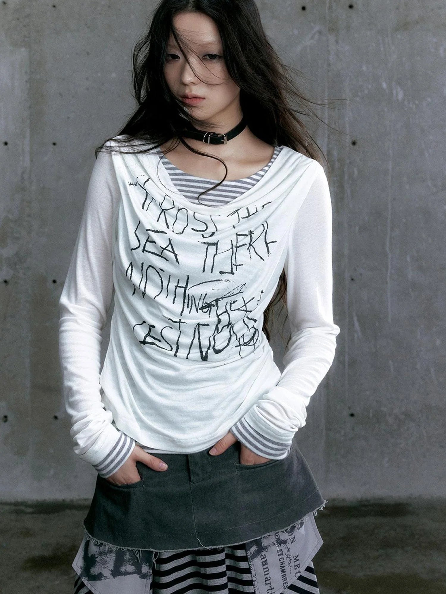 Graffiti Poetry Layered Collar Striped Knit Top