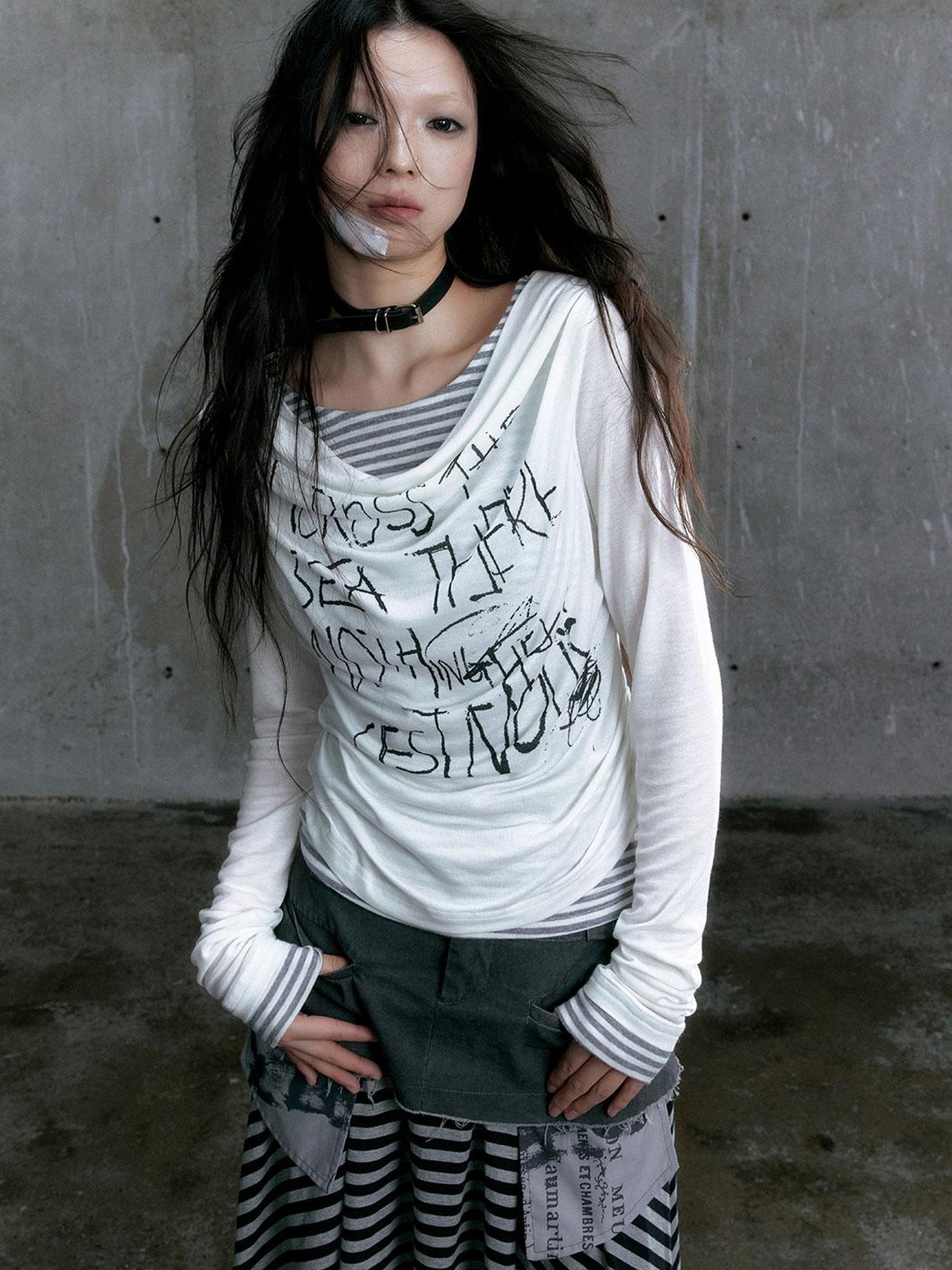 Update Cest Nous Graffiti Poetry Layered Collar Striped Knit Top