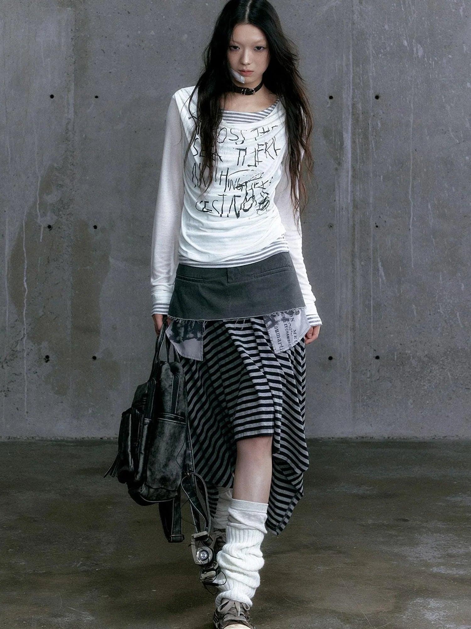 Graffiti Poetry Layered Collar Striped Knit Top