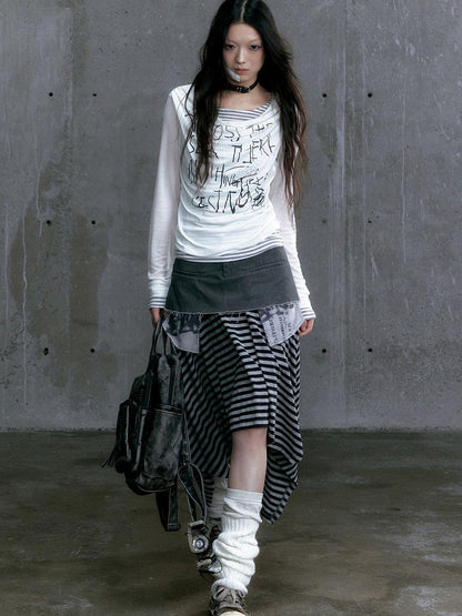 Update Cest Nous Graffiti Poetry Layered Collar Striped Knit Top