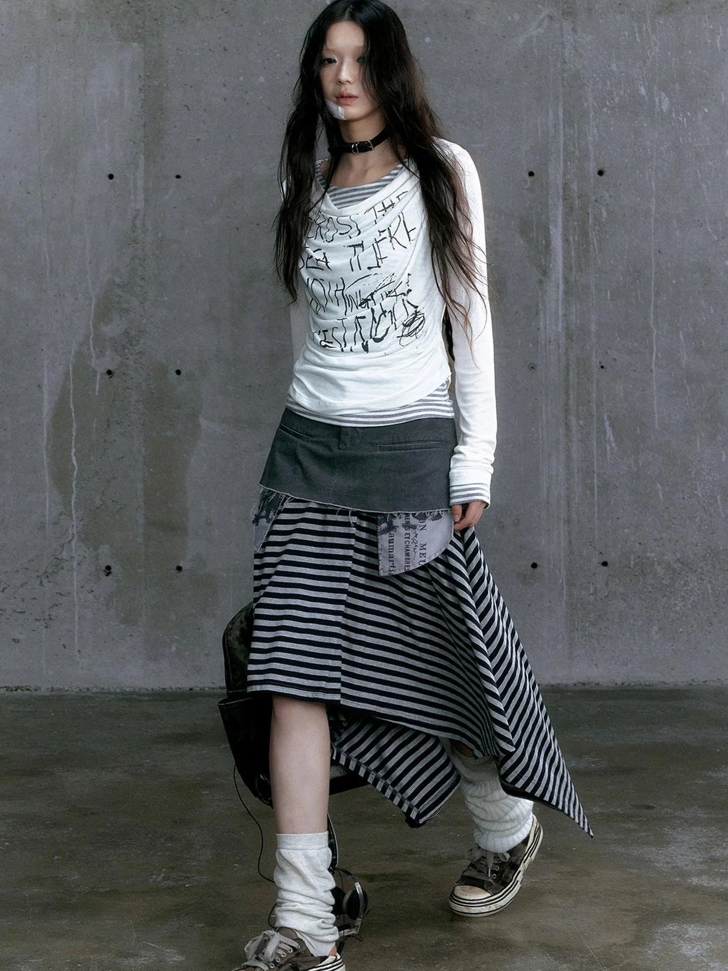 Graffiti Poetry Layered Collar Striped Knit Top