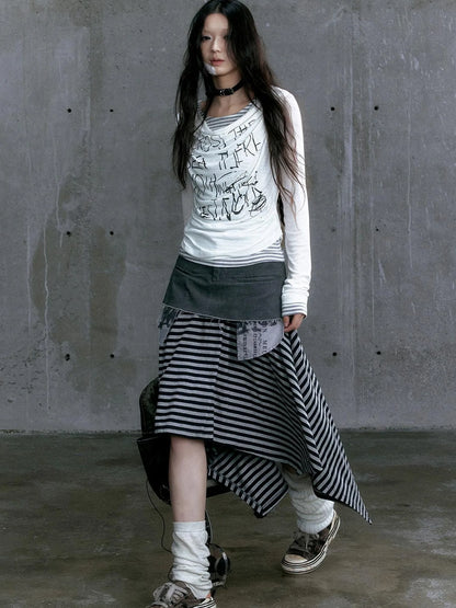 Graffiti Poetry Layered Collar Striped Knit Top
