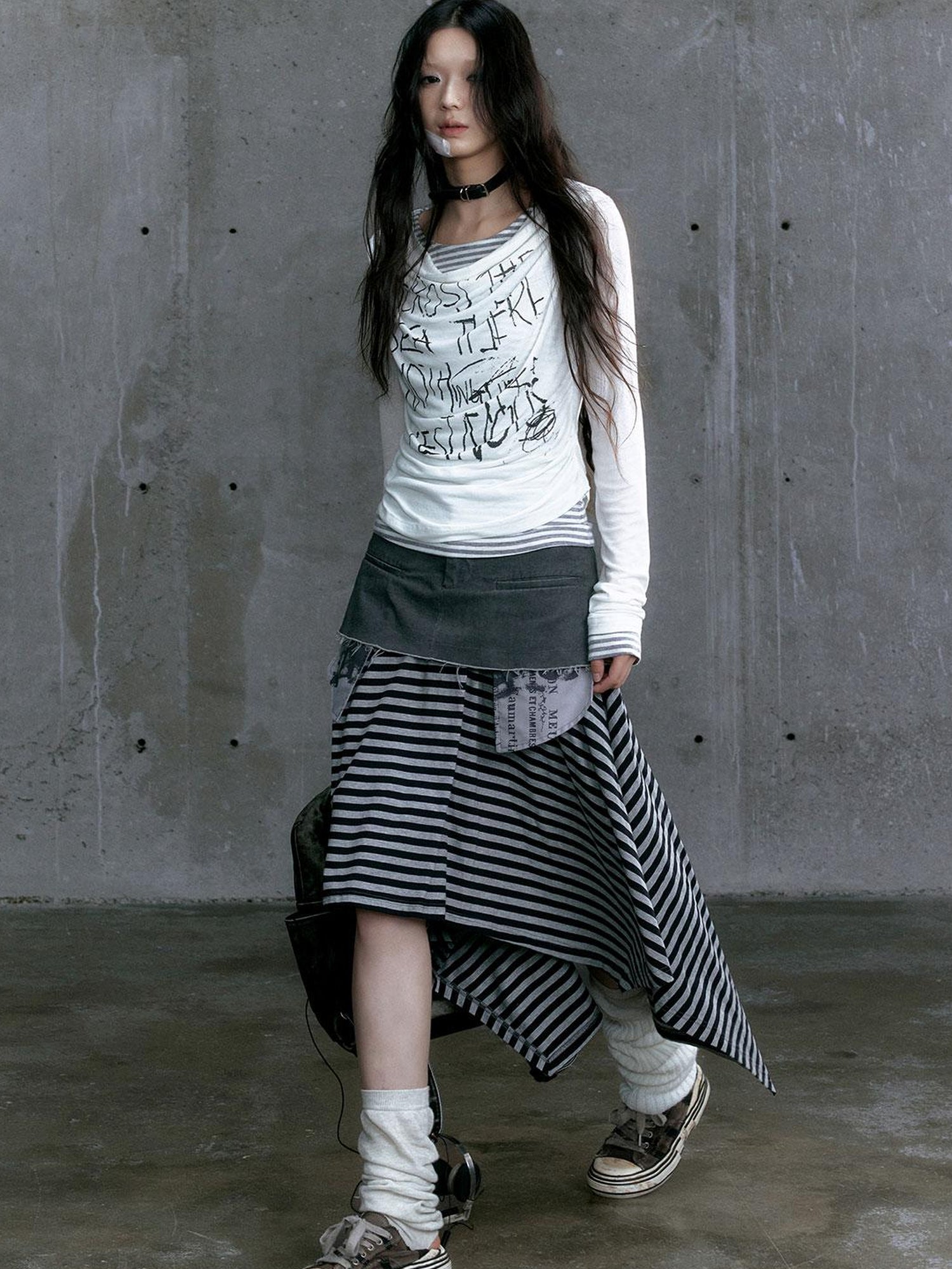 Update Cest Nous Graffiti Poetry Layered Collar Striped Knit Top