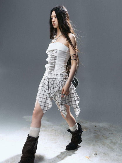 Cest Nous Graffiti Print Ruched Irregular Plaid Women&
