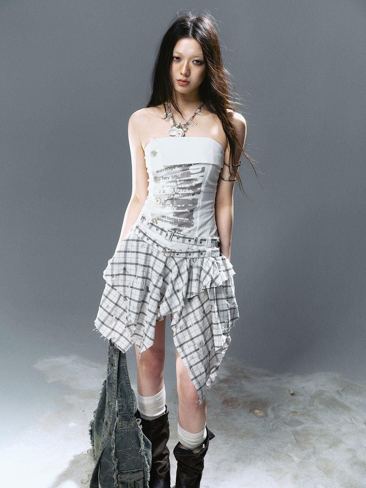 Cest Nous Graffiti Print Ruched Irregular Plaid Women&