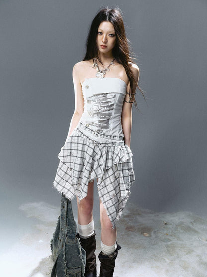Cest Nous Graffiti Print Ruched Irregular Plaid Women&