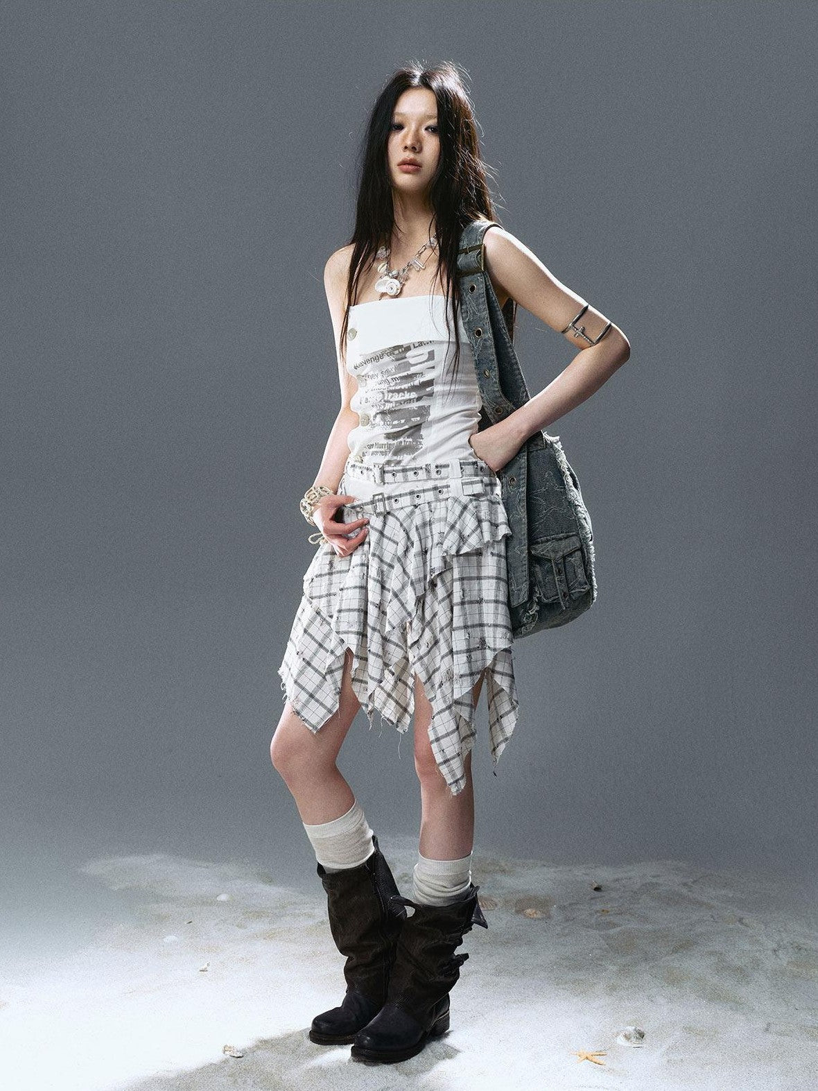 Cest Nous Graffiti Print Ruched Irregular Plaid Women&