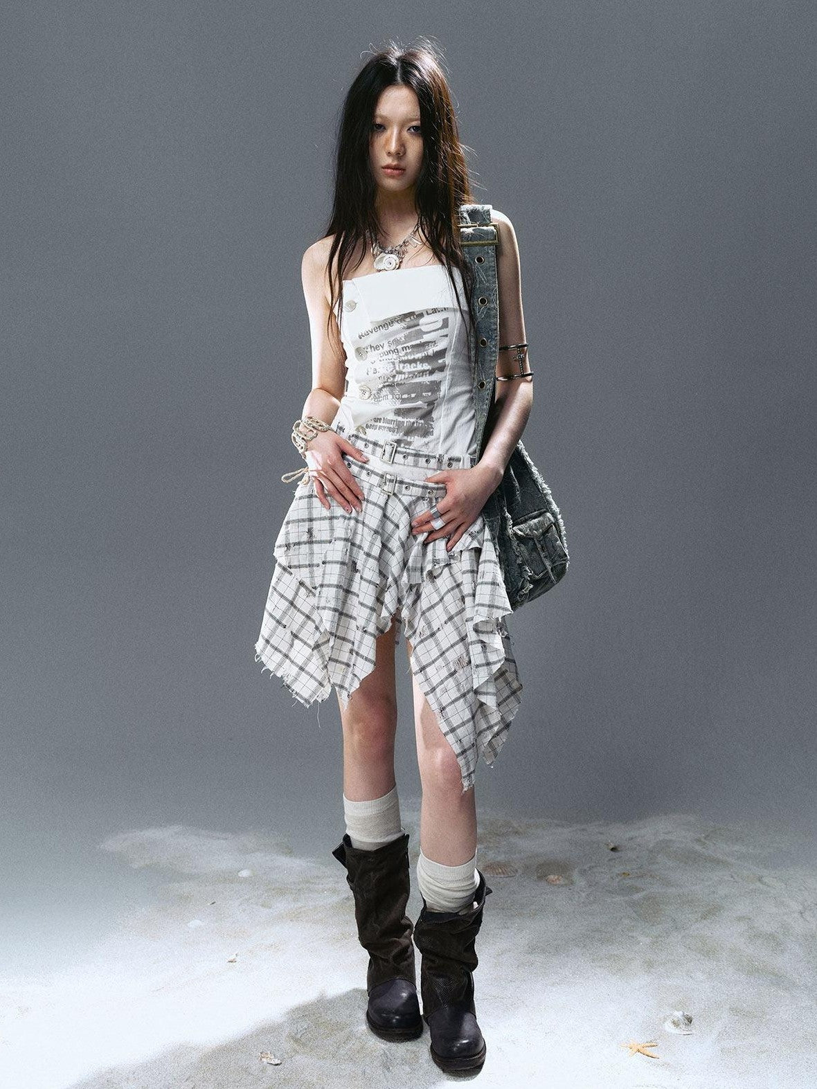 Cest Nous Graffiti Print Ruched Irregular Plaid Women&