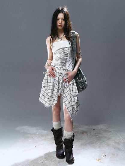 Cest Nous Graffiti Print Ruched Irregular Plaid Women&