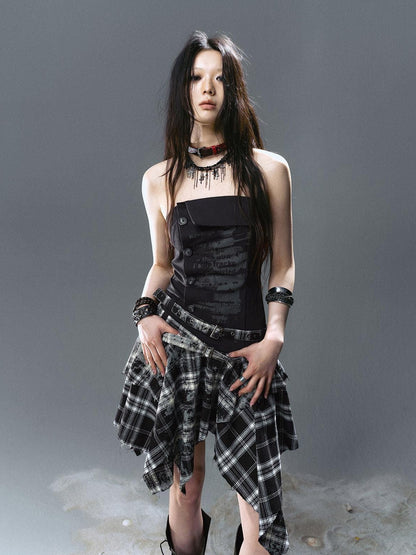 Cest Nous Graffiti Print Ruched Irregular Plaid Women&