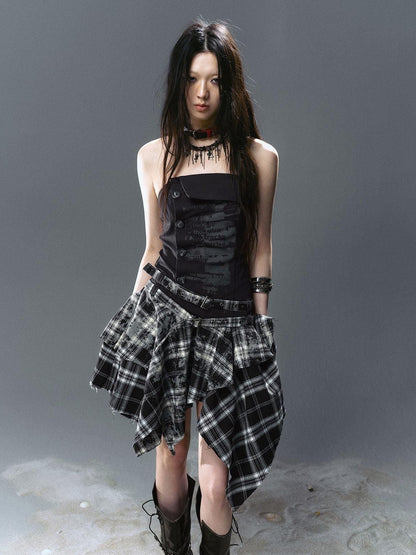Cest Nous Graffiti Print Ruched Irregular Plaid Women&