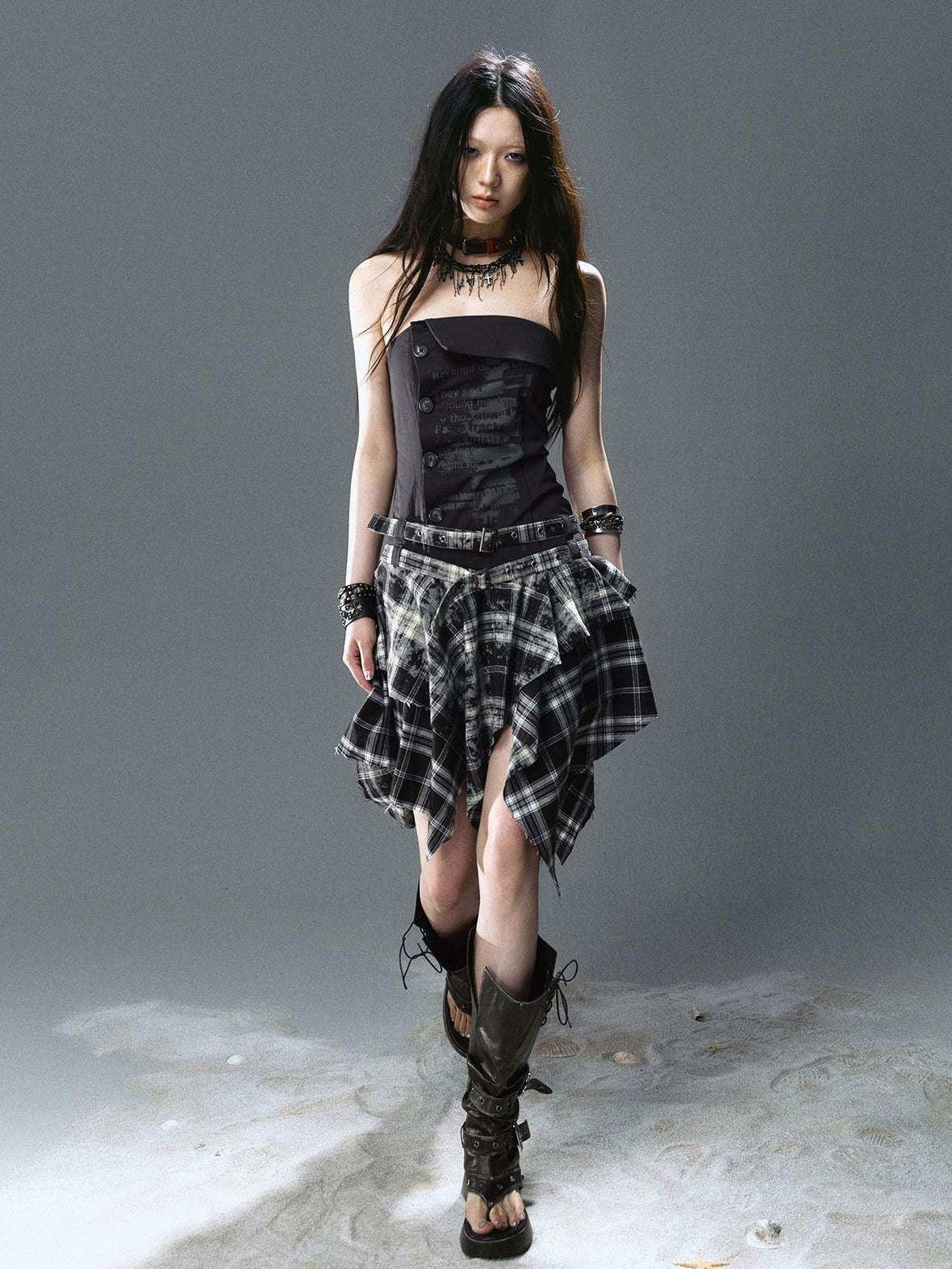 Cest Nous Graffiti Print Ruched Irregular Plaid Women&