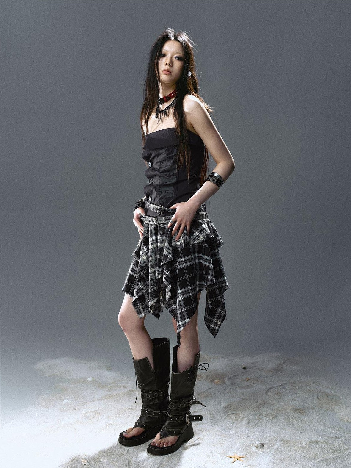 Cest Nous Graffiti Print Ruched Irregular Plaid Women&