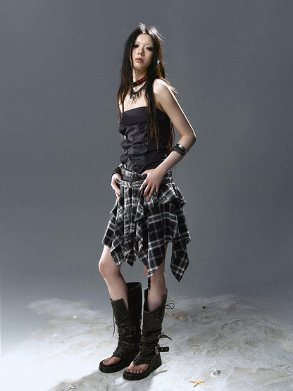 Cest Nous Graffiti Print Ruched Irregular Plaid Women&