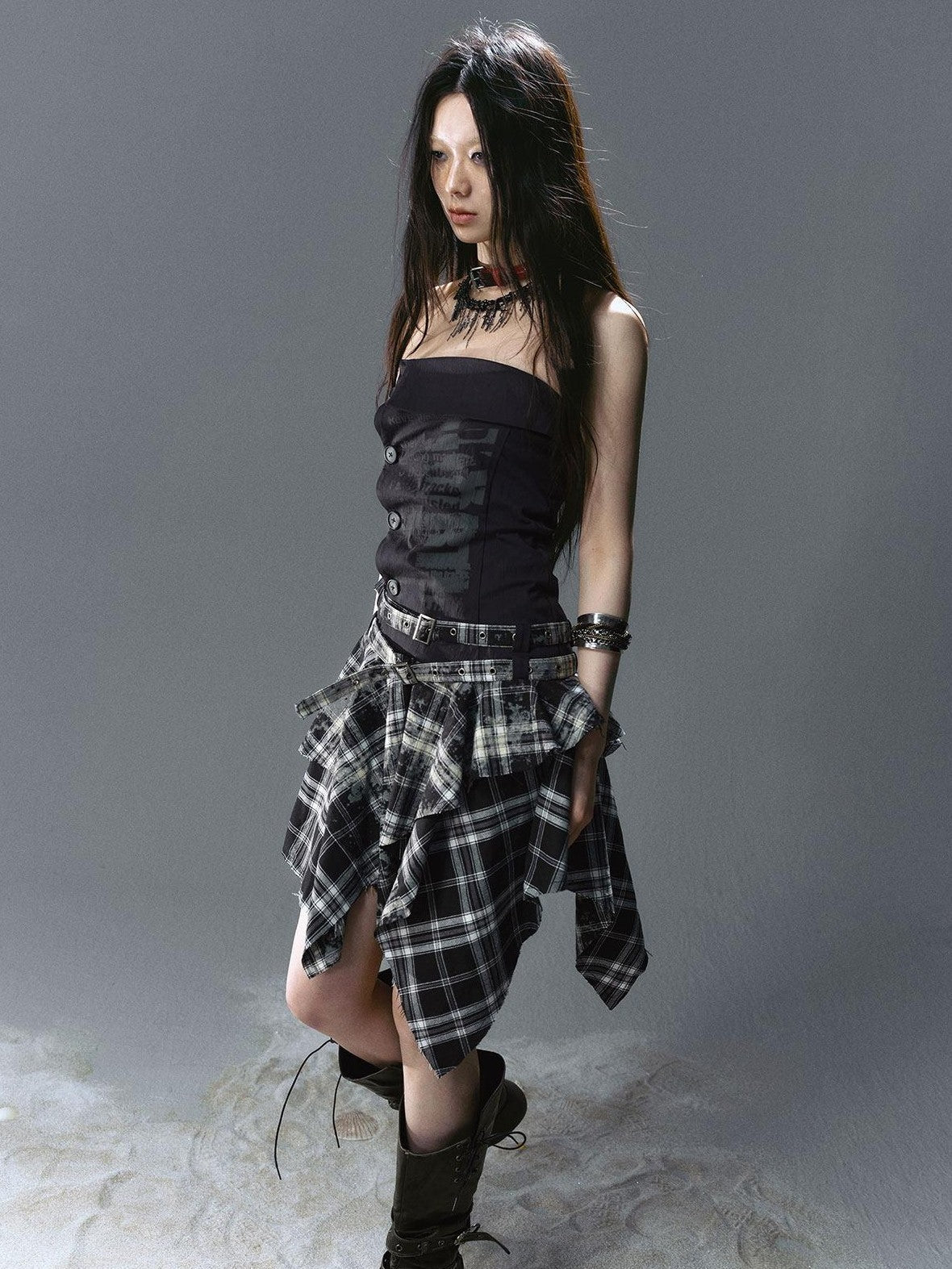 Cest Nous Graffiti Print Ruched Irregular Plaid Women&