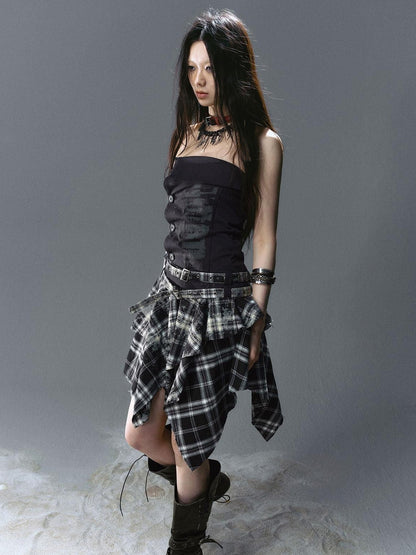 Cest Nous Graffiti Print Ruched Irregular Plaid Women&
