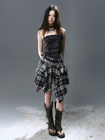 Cest Nous Graffiti Print Ruched Irregular Plaid Women&