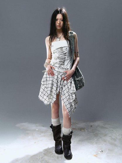 Cest Nous Graffiti Print Ruched Irregular Plaid Women&