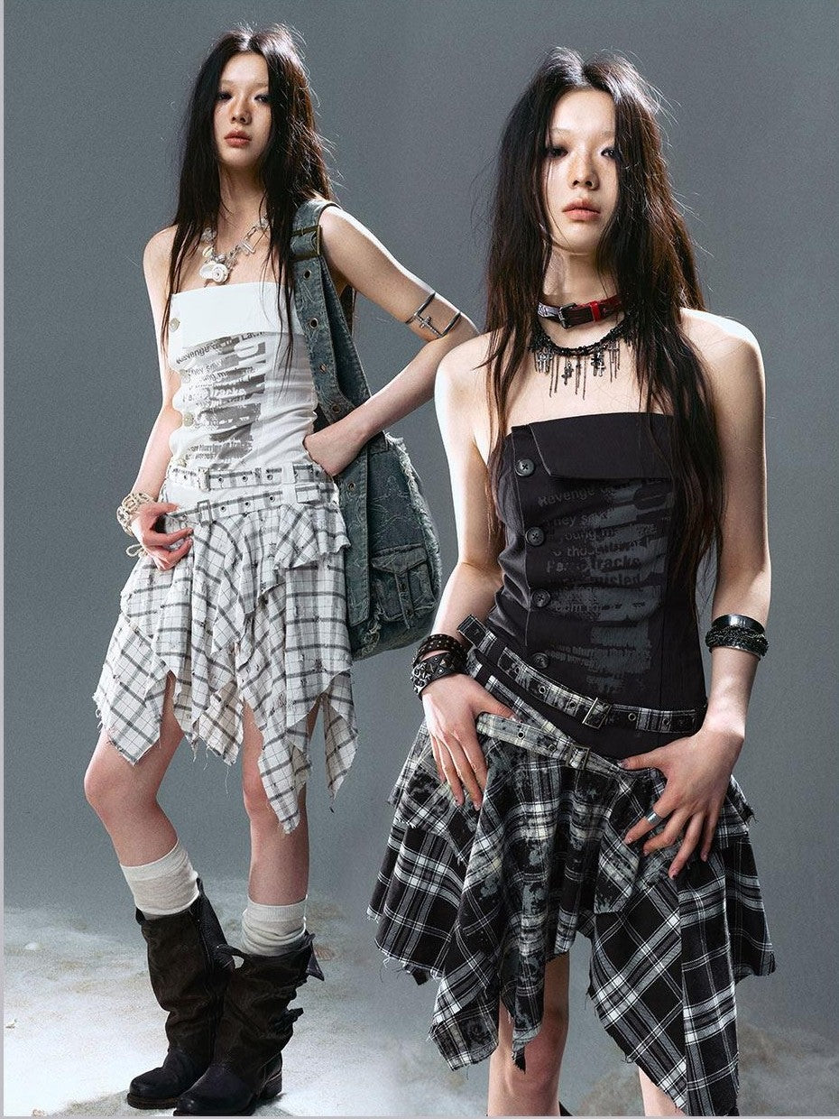Cest Nous Graffiti Print Ruched Irregular Plaid Women&
