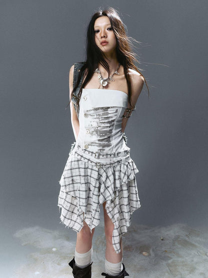 Cest Nous Graffiti Print Ruched Irregular Plaid Women&