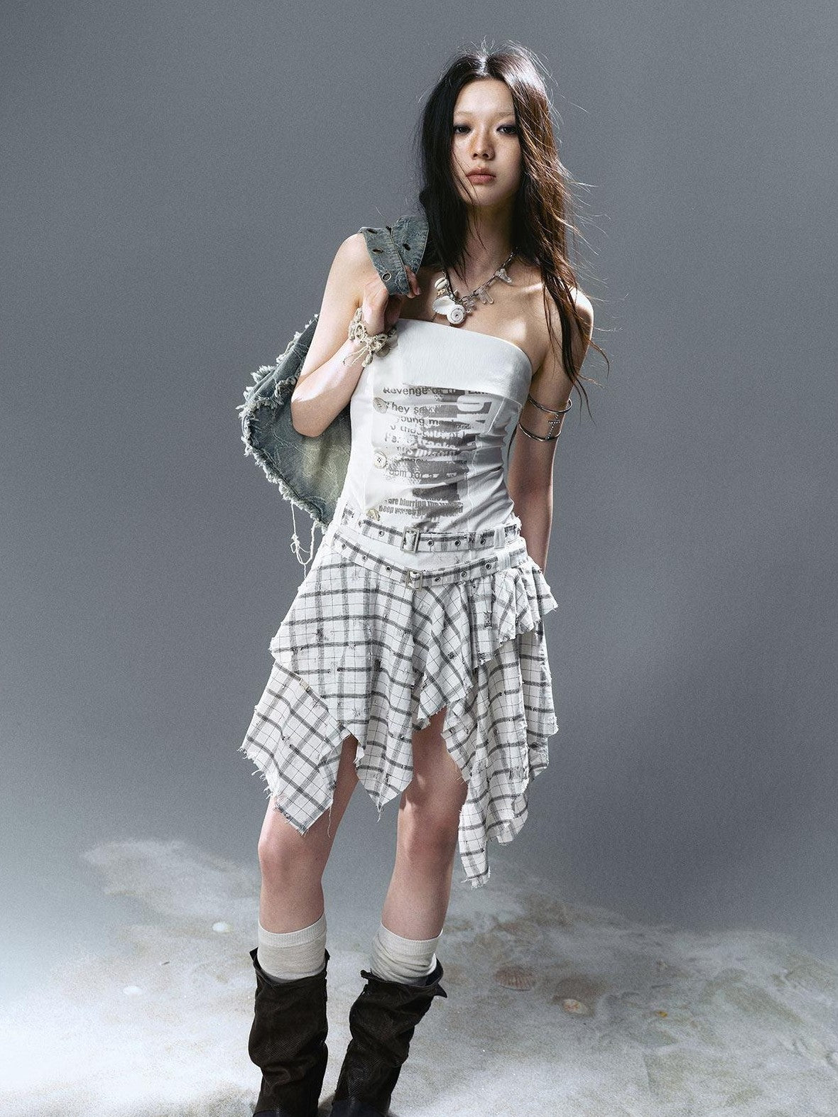 Cest Nous Graffiti Print Ruched Irregular Plaid Women&