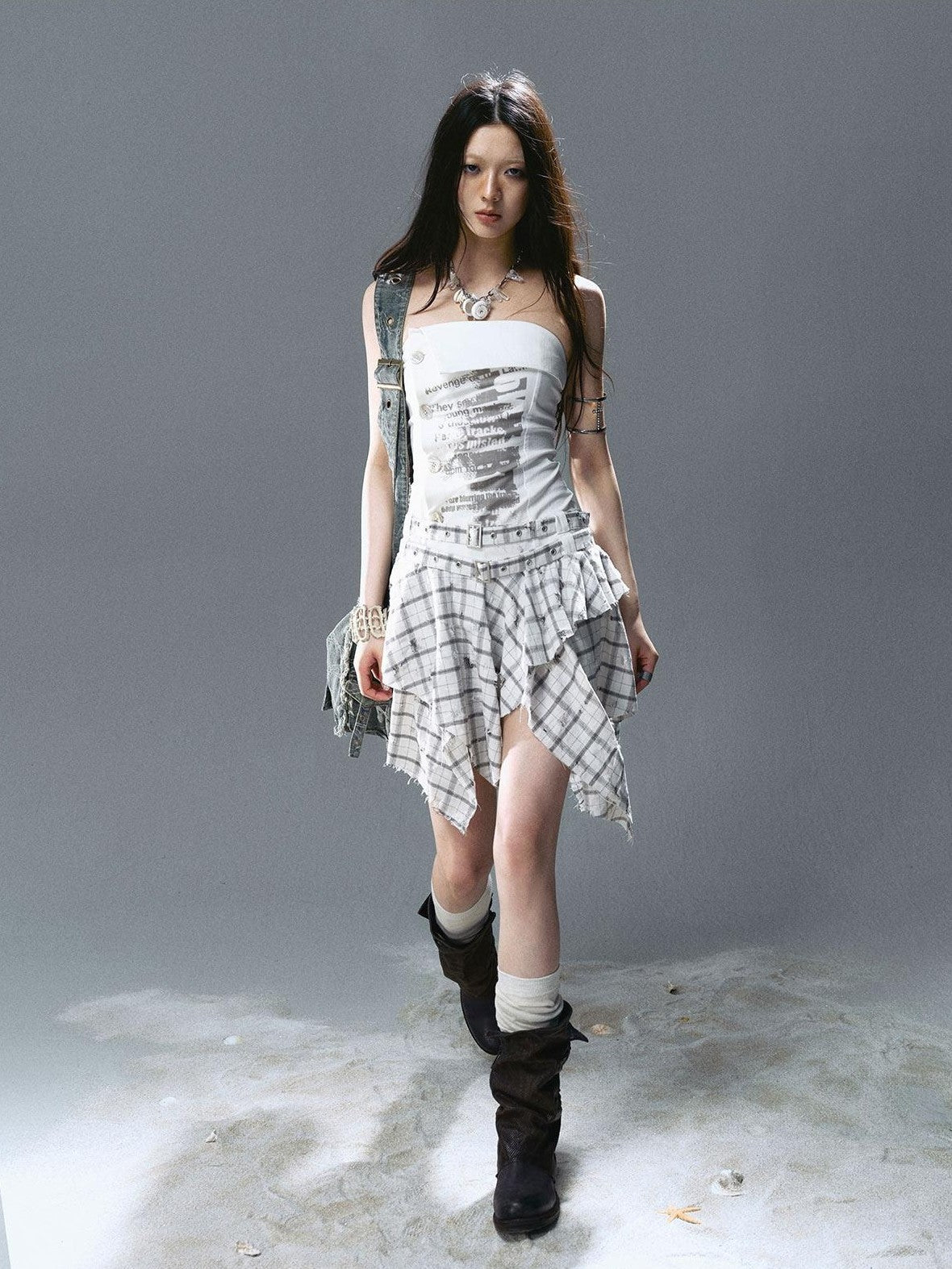 Cest Nous Graffiti Print Ruched Irregular Plaid Women&