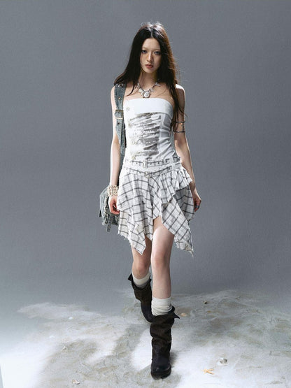 Cest Nous Graffiti Print Ruched Irregular Plaid Women&