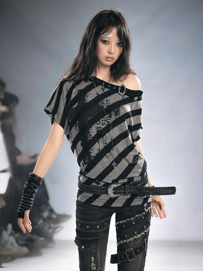 Cest Nous Graffiti Striped Printed Batwing Women&