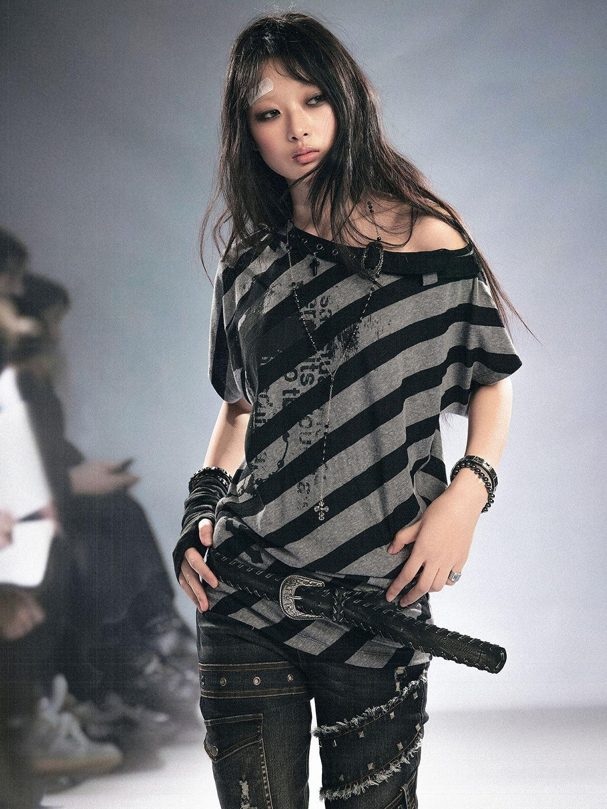 Cest Nous Graffiti Striped Printed Batwing Women&