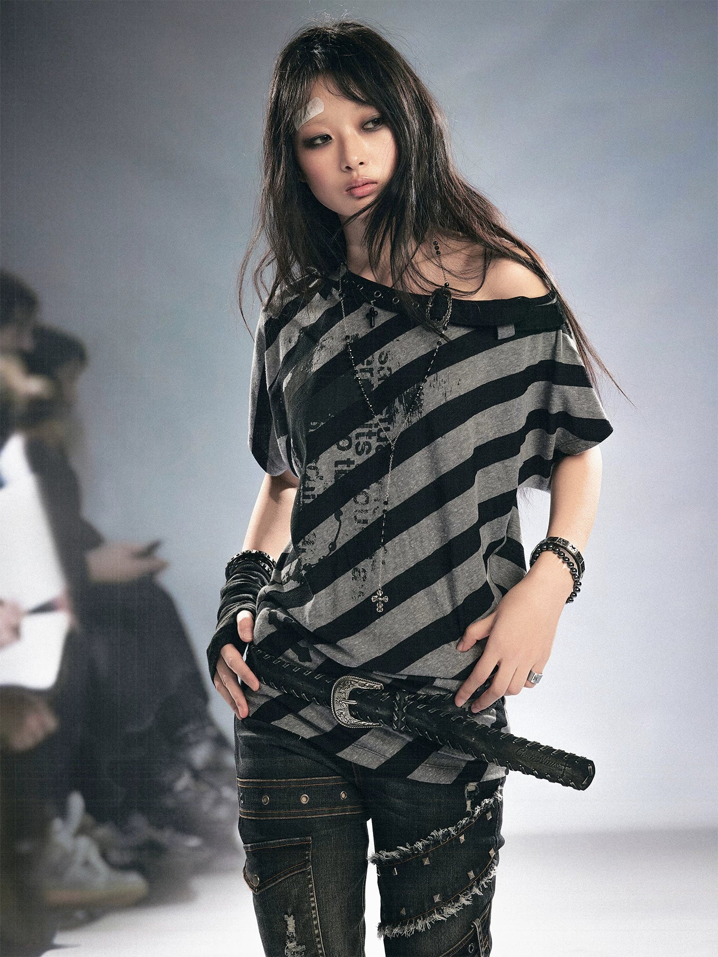 Cest Nous Graffiti Striped Printed Batwing Women&