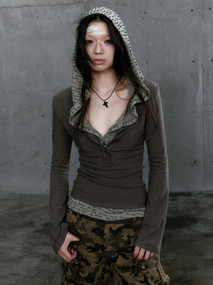 Cest Nous Gray Green Patchwork Layered Faux Two Piece Punk Women&