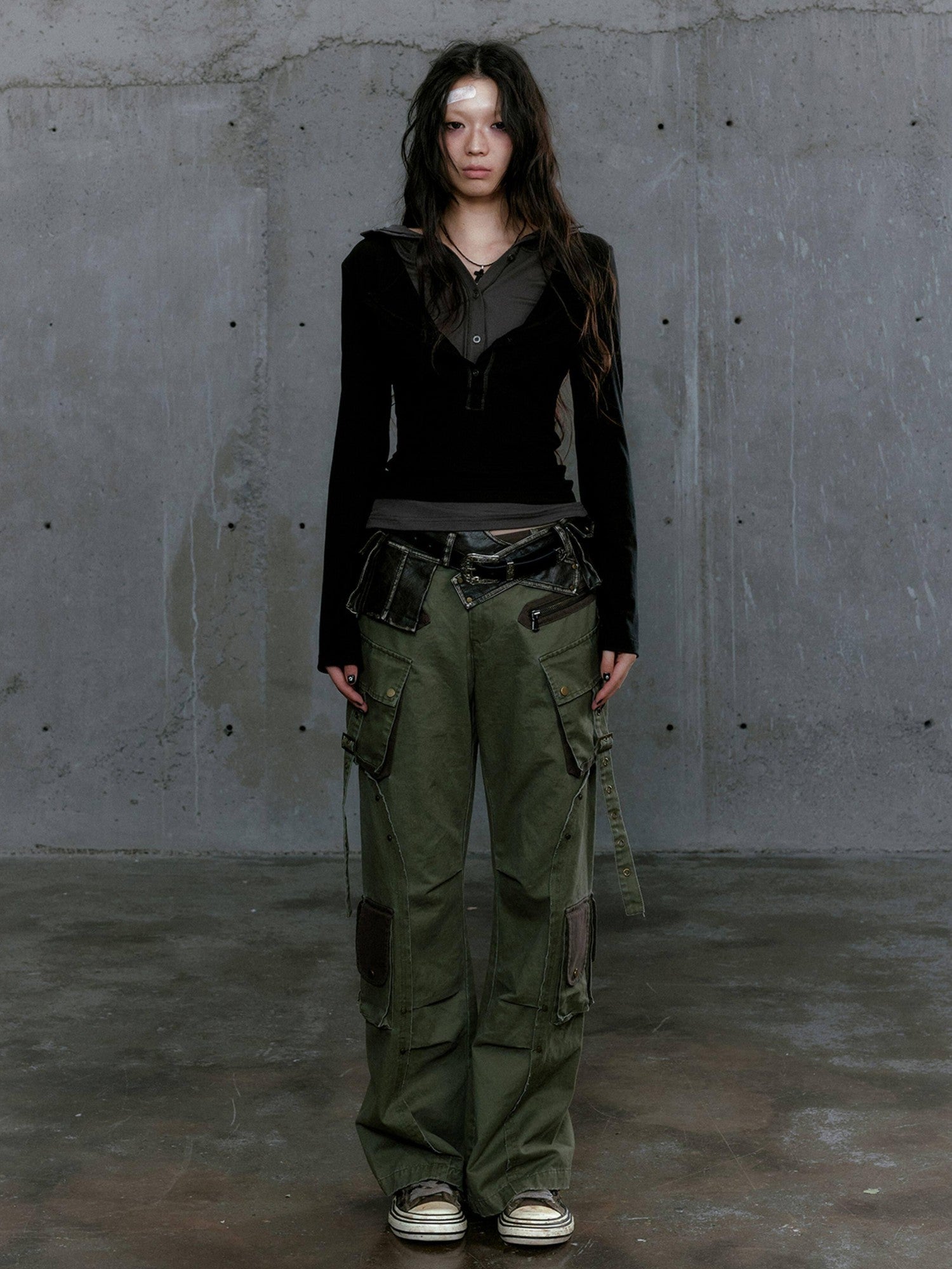 Cest Nous Gray Green Patchwork Layered Faux Two Piece Punk Women&