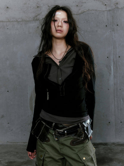 Cest Nous Gray Green Patchwork Layered Faux Two Piece Punk Women&
