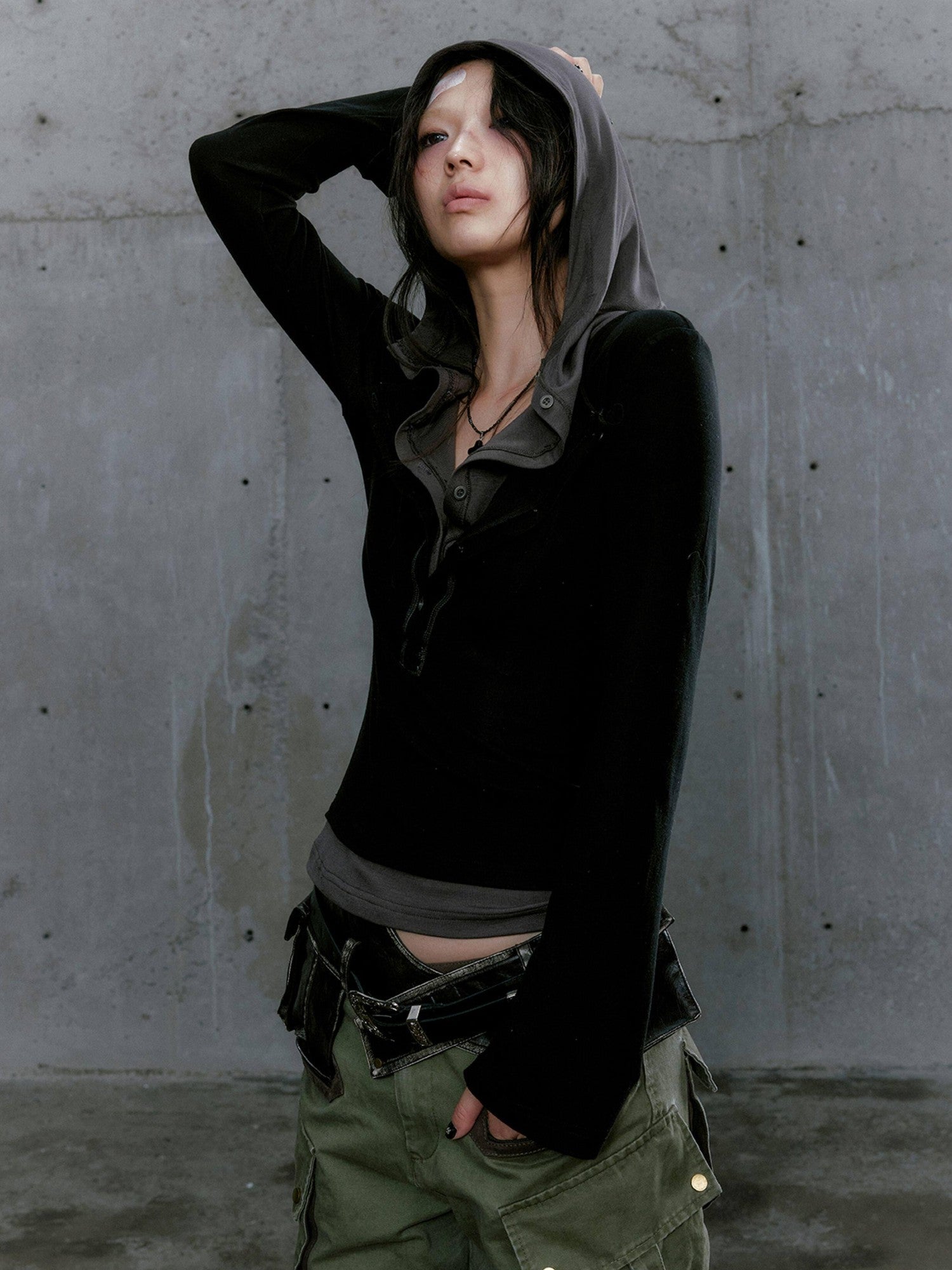 Cest Nous Gray Green Patchwork Layered Faux Two Piece Punk Women&