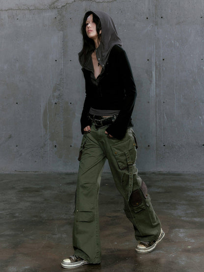 Cest Nous Gray Green Patchwork Layered Faux Two Piece Punk Women&